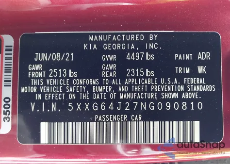 2022 Kia K5 Gt-Line from USA, damaged, VIN 5XXG64J27NG090810